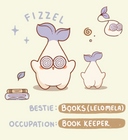 Character profile of Fizzel with likes, dislikes, and background information on a light beige background.