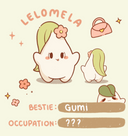 sprout lelomela character with green hair and a flower, standing next to a smaller version of itself, on a beige background.