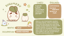 Character profile of Sugumeru with likes, dislikes, bestie, occupation, and description on a beige background.
