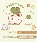 Character profile of sugumeru with likes, dislikes, bestie, occupation, and description on a beige background.